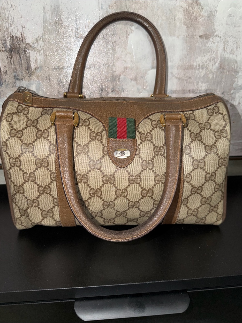 Gucci Beige GG Canvas Satchel with Brown Leather and Signature Web